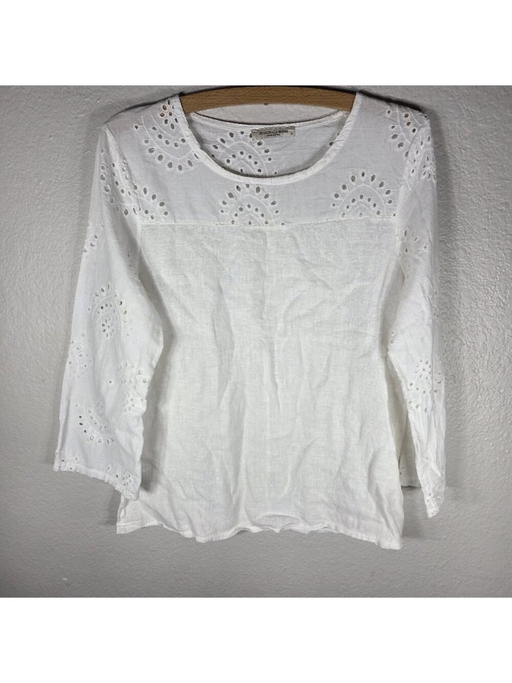 Francesca Bettini 100% Linen White Top Blouse Eyelet Sleeve Sz S Made In Italy